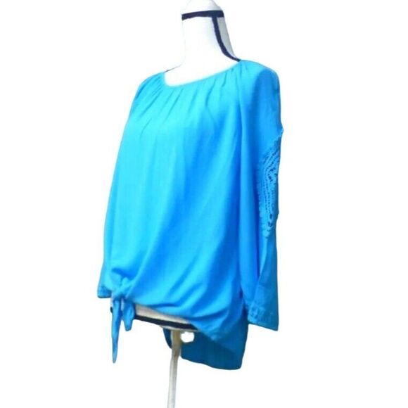 $49.50 JM Collection Petite Lace Embellished Tie-front Top, Large, Reef Aqua - Picture 1 of 12